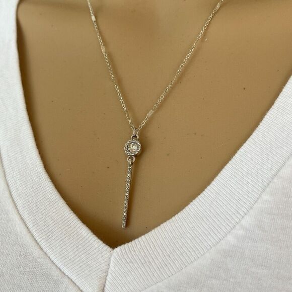 Silver Tone Necklace Rhinestone Bar Pendant 18in Trace Chain - Picture 6 of 12